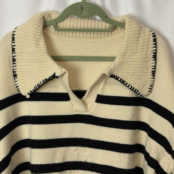 Unbranded Women’s Collared Polo Sweater Cream & Navy Stripe 2XL Nautical Boho - Picture 6 of 12